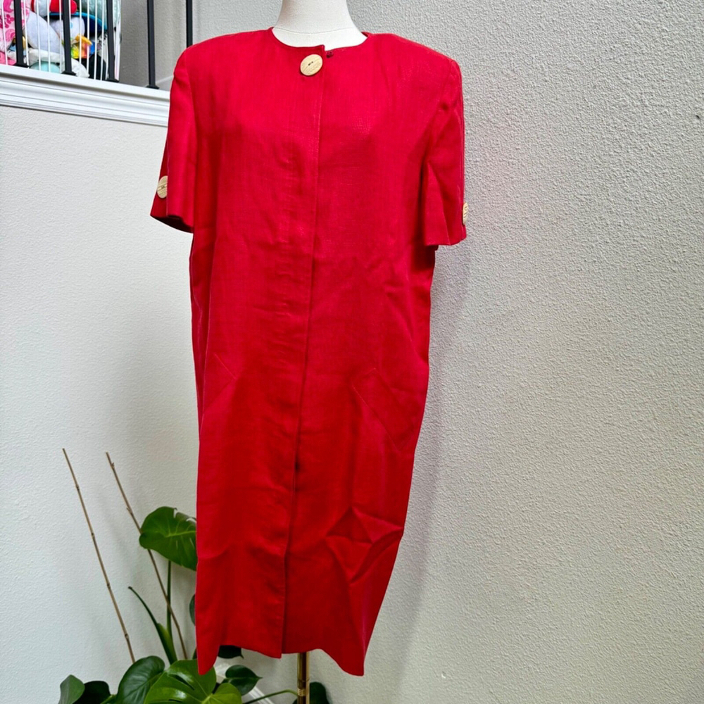 Designer Vintage Scaasi Red Linen Shirt Dress Unique Buttons Size 14
